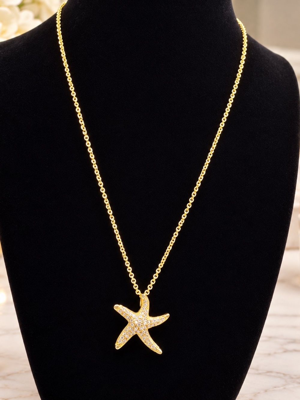 Gold Starfish Pendant Necklace with Pavé Crystals - Women Jewelry